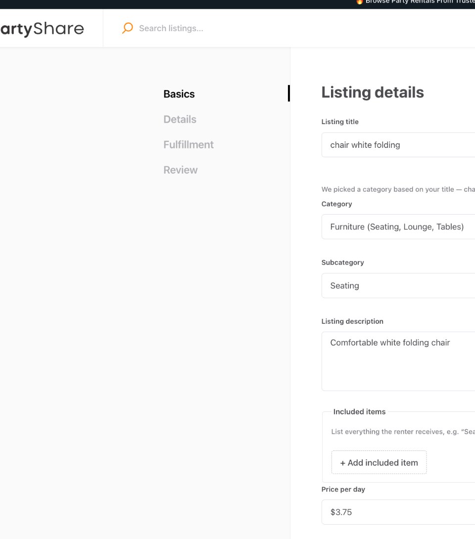 Basics screen showing title, category, description, price, quantity, condition, and photo area.