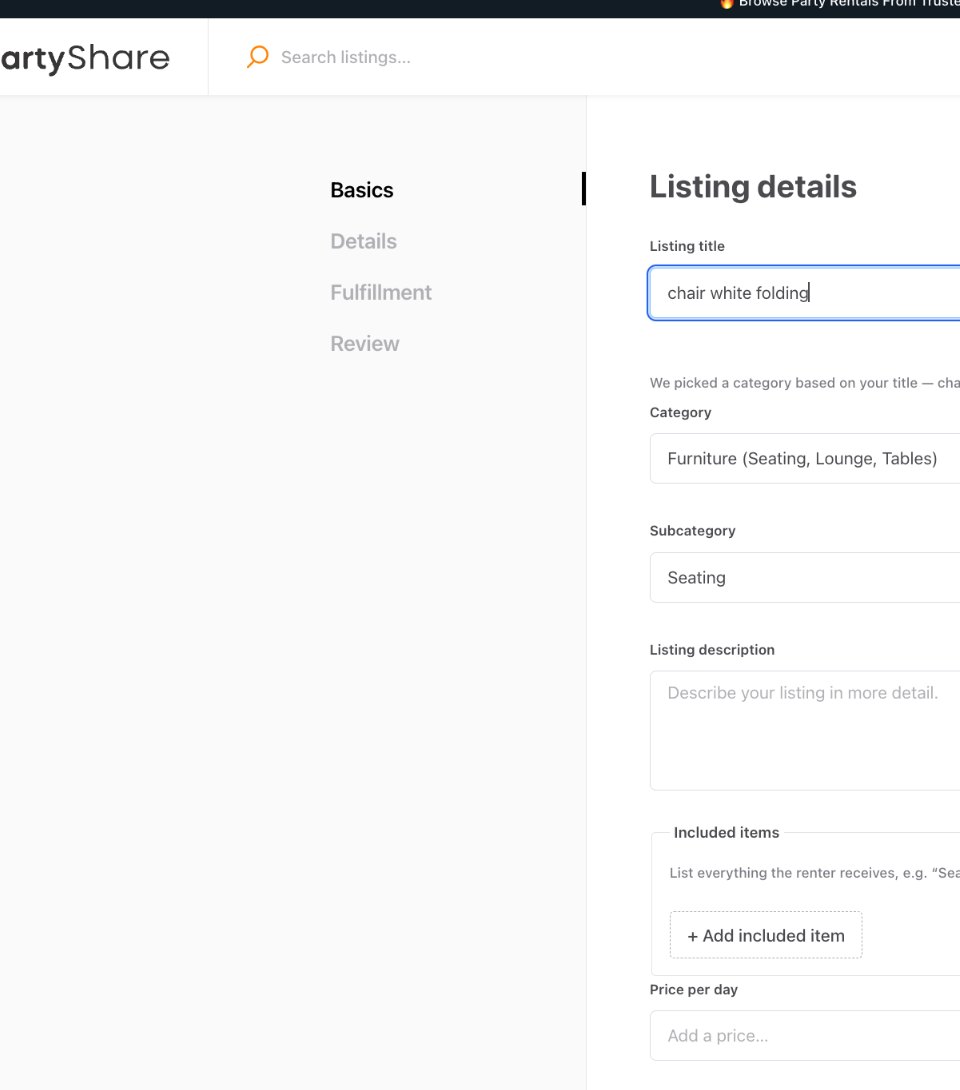 Current PartyShare listing Basics screen.