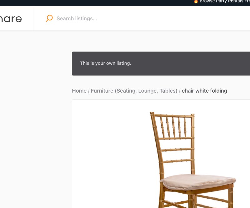 Renter-facing published listing with date/time, quantity, fulfillment, and Request to book controls.
