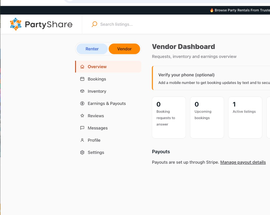 Vendor Dashboard with Overview, Bookings, Inventory, Earnings & Payouts, Reviews, Messages, Profile, Settings, and Quick actions.